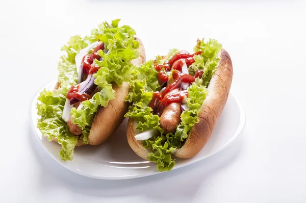 Hot-dog with lettuce — Stock Photo, Image