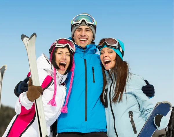 Halve lengte portret van groep van omarmen skiër vrienden — Stockfoto