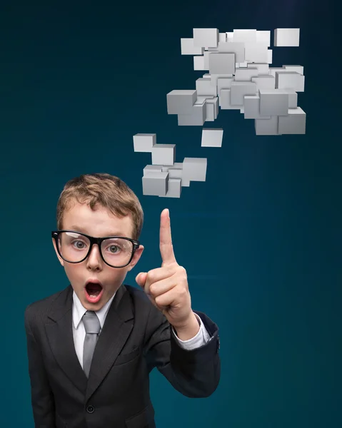 Cheerful boy businessman has idea — Stock Photo, Image