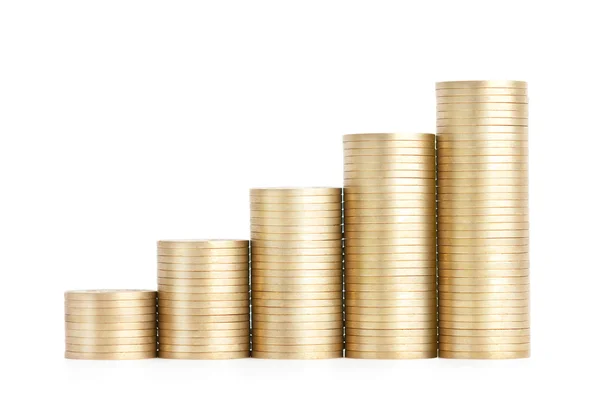 Gold coins stand vertically in columns ascending — Stock Photo, Image