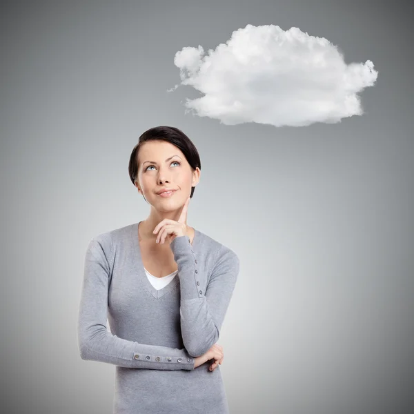 Nadenkend vrouw met cloud — Stockfoto