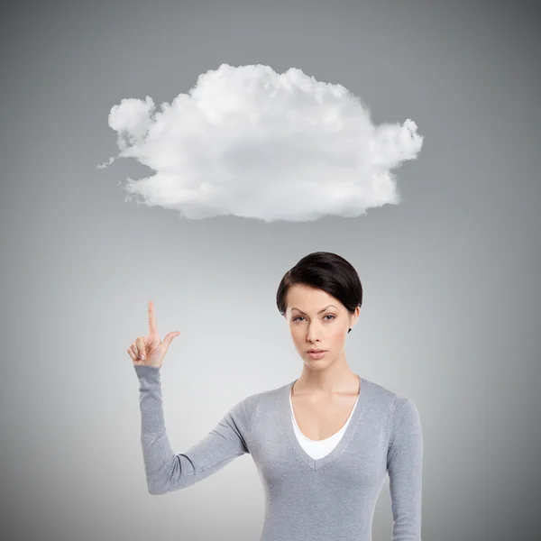 Young woman shows forefinger, attention sign — Stock Photo, Image