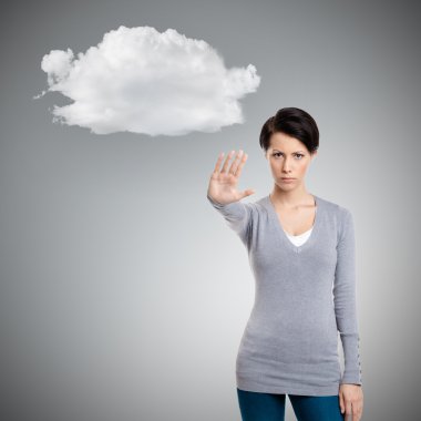 Smart girl shows stop gesture to cloud clipart