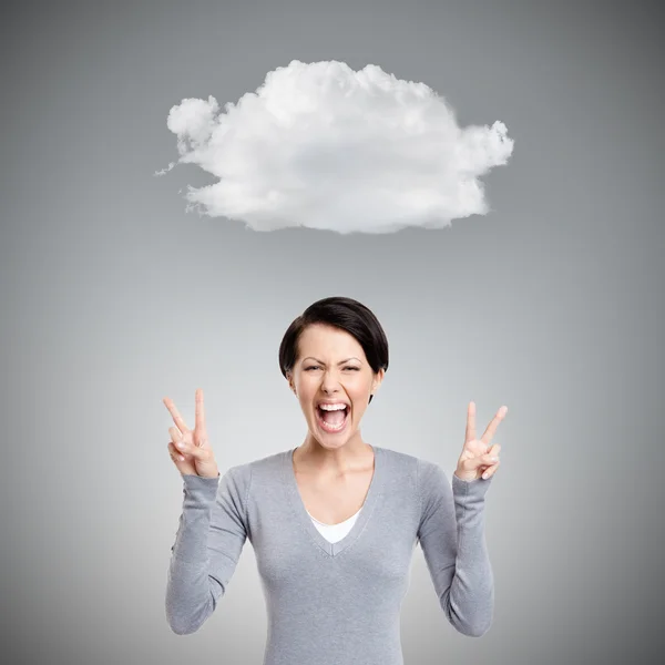 Smiley woman shows peace sign with two hands — Stock Photo, Image