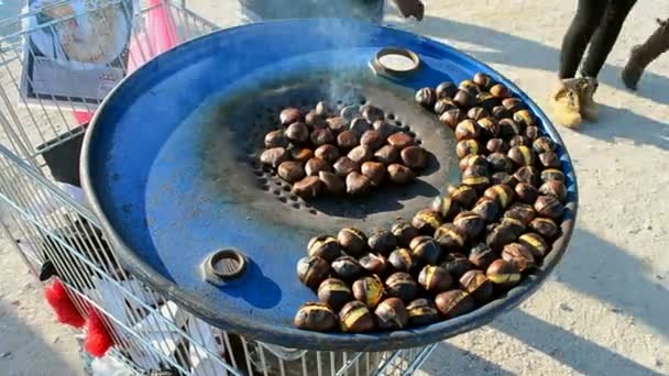 Stekta chestnut heap på stora runda fry-pan, snabbmat mångfald, — Stockvideo