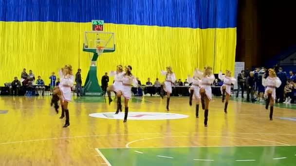 Cheerleader group dancing during F4 Final Basketball championship in Kiev, Ukraine. — Stock Video