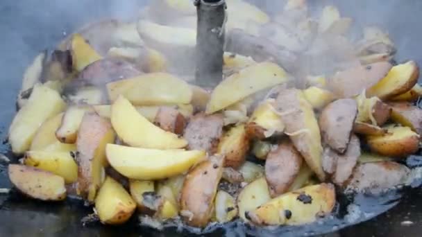 Patata, shashlik (kebab) bajo fuego, barbacoa con deliciosa carne fresca a la parrilla . — Vídeos de Stock