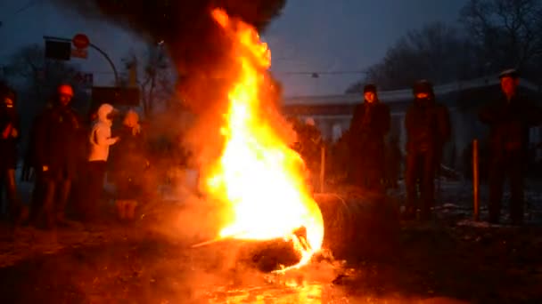 Demonstranten in der Nähe des Feuers (40141), Baldrij-Lobanowskyj-Dynamo-Stadion, Euro-Maidan-Treffen, Kiew, Ukraine. — Stockvideo