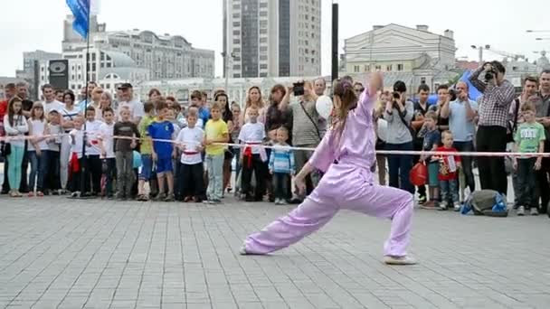 Demostración de espada durante Exposición deportiva 2014 en Kiev, Ucrania . — Vídeos de Stock
