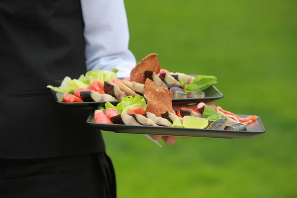 Maso, ryby, zeleninové jednohubky na slavnostní svatební stůl venkovní — Stock fotografie