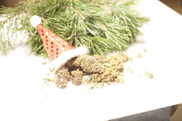 Gran Decoración Navidad Cono Cannabis Marihuana Cerca Cogollos Cáñamo — Foto de Stock