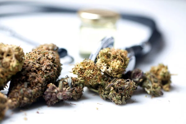 Tıbbi Marihuana Kenevir Kenevir Tomurcukları Tıp Konsepti — Stok fotoğraf
