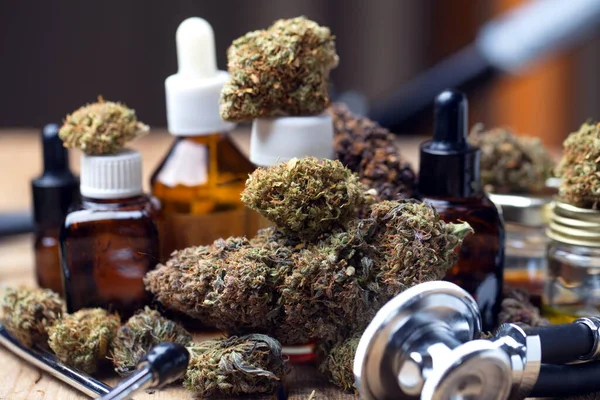 Marihuana Medicinal Cannabis Cbd Capullos Cáñamo Concepto Medicina — Foto de Stock