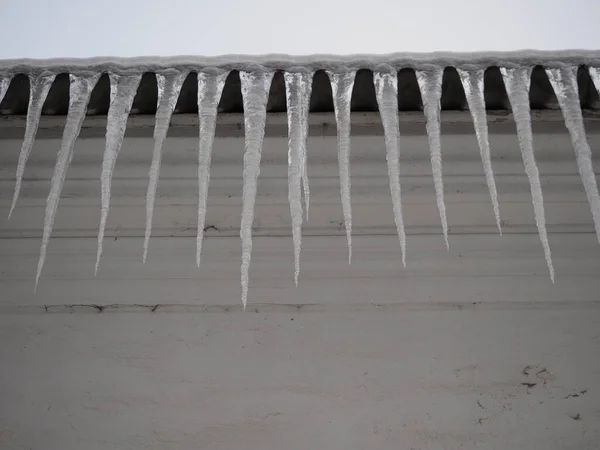 Большие Ледяные Сосульки Свисают Крыши Здания — стоковое фото