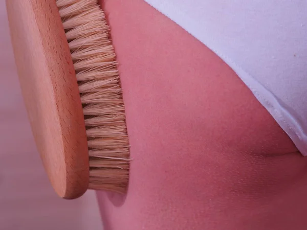 Woman Doing Cellulite Massage Brush Home — Stock Photo, Image
