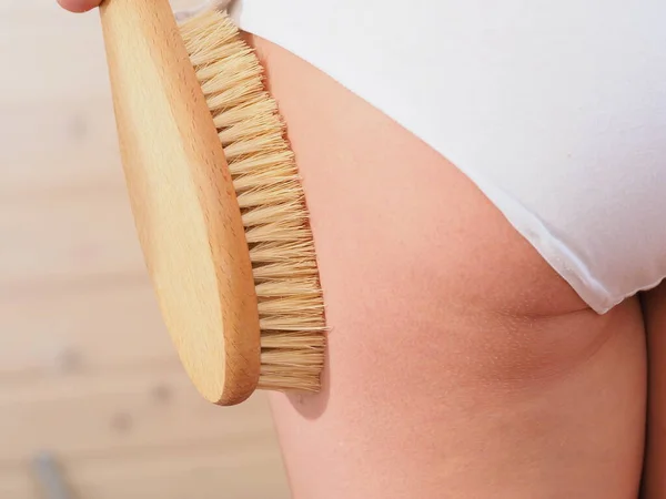 Woman Doing Cellulite Massage Brush Home — Stock Photo, Image
