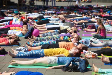 Belarus, Minsk, 2016. Uluslararası yoga günü festivali sırasında parkta egzersiz yapan insanlar