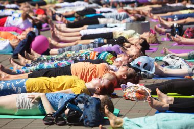Belarus, Minsk, 2016. Uluslararası yoga günü festivali sırasında parkta egzersiz yapan insanlar