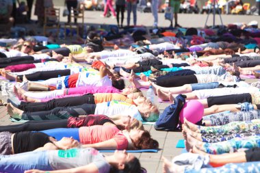 Belarus, Minsk, 2016. Uluslararası yoga günü festivali sırasında parkta egzersiz yapan insanlar