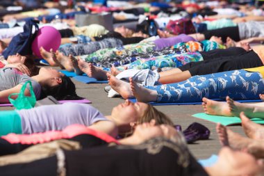 Belarus, Minsk, 2016. Uluslararası yoga günü festivali sırasında parkta egzersiz yapan insanlar