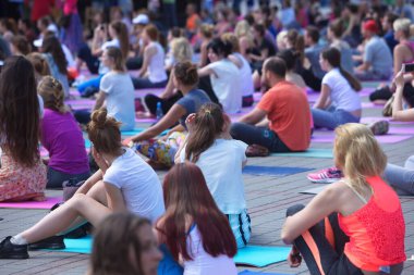 Belarus, Minsk, 2016. Uluslararası yoga günü festivali sırasında parkta egzersiz yapan insanlar