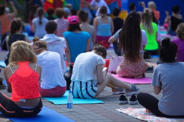 Belarus, Minsk, 2016. Uluslararası yoga günü festivali sırasında parkta egzersiz yapan insanlar