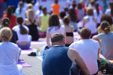 Belarus, Minsk, 2016. Uluslararası yoga günü festivali sırasında parkta egzersiz yapan insanlar