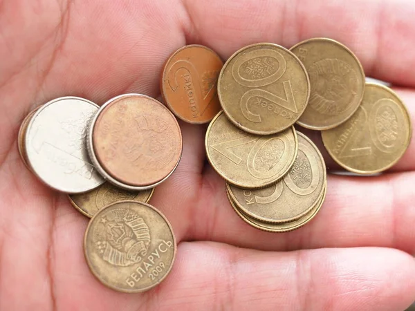 Stack White Yellow Red Coins Man Hand — Stock Photo, Image