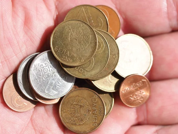 Stack White Yellow Red Coins Man Hand — Stock Photo, Image