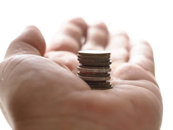 Stack White Yellow Red Coins Man Hand — Stock Photo, Image