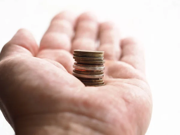 Stack White Yellow Red Coins Man Hand — Stock Photo, Image