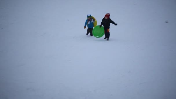 Children getting up after sledding — Stock Video