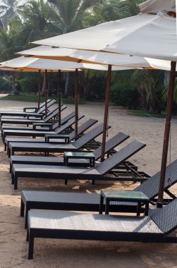 Plajda şemsiye altında şezlong