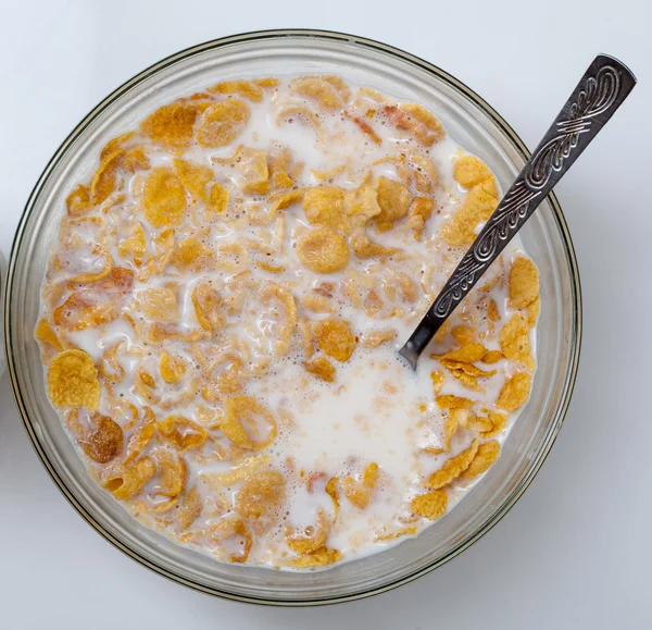 Cornflakes with milk in bowl — Stock Photo, Image