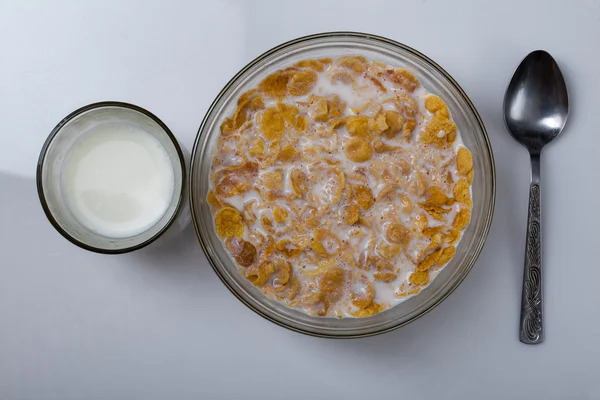 Cornflakes with milk in bowl — Stock Photo, Image