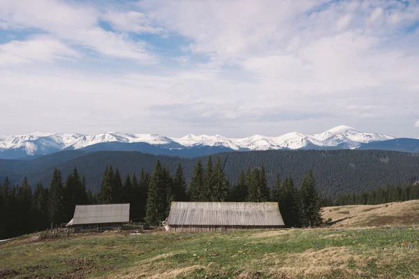 Весенний пейзаж с деревянными домами в горах — стоковое фото