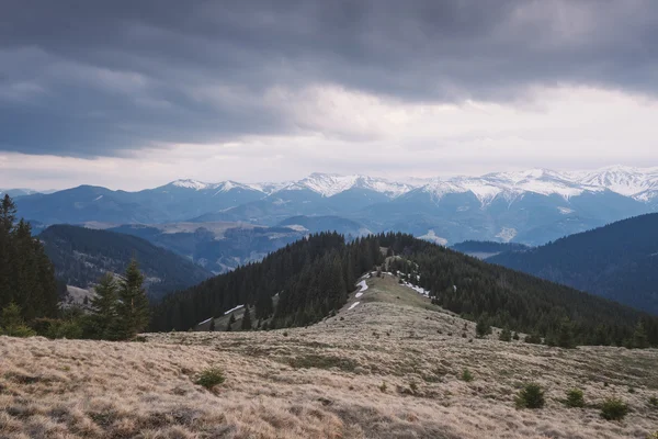 Paisaje primaveral con montañas en clima nublado — Foto de Stock