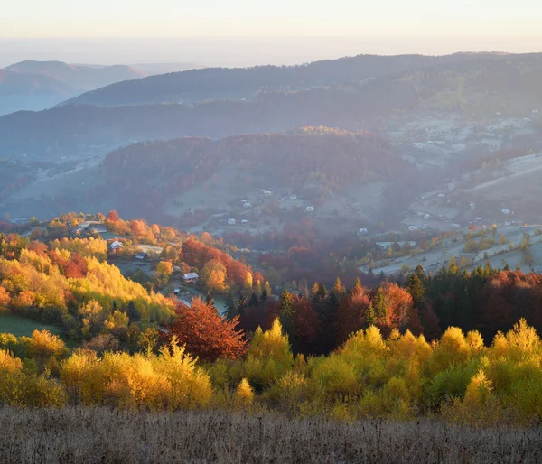 Paisaje otoñal con bosque caducifolio y vistas a la montaña —  Fotos de Stock