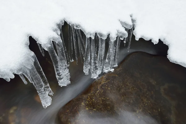 Beautiful icicles and snow near the creek — Stock Photo, Image