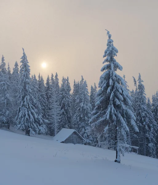 Paesaggio invernale con casa in legno in montagna — Foto Stock