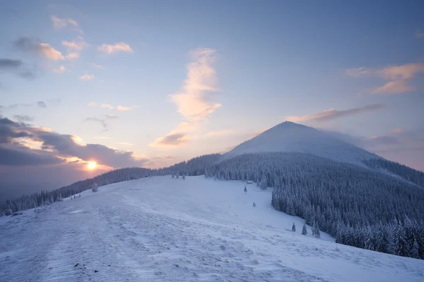 Vinterlandskap med en gryning i bergen — Stockfoto