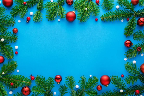 Fundo Natal Azul Com Enfeites Natal Visão Superior Espaço Cópia — Fotografia de Stock