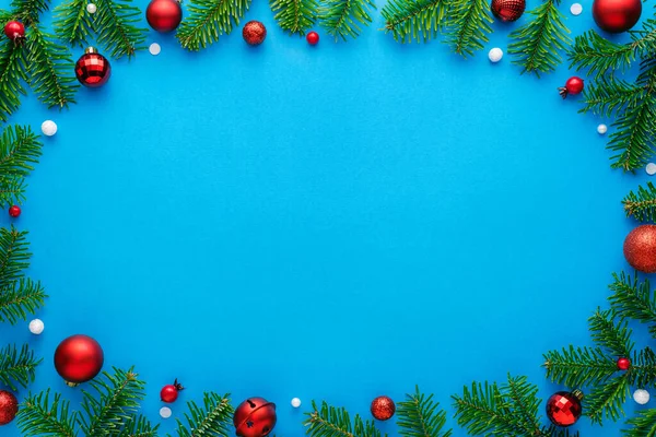 Fundo Natal Com Moldura Decorativa Enfeites Árvore Natal Vista Superior — Fotografia de Stock