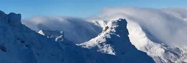 Landskap Panorama Över Vintern Berg Med Stenar Snö Och Frost — Stockfoto