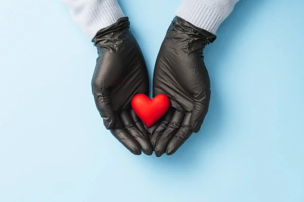 Valentines Day Card Red Heart Hands Woman Protected Medical Gloves — Stock fotografie