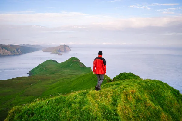 Tourist Red Jacket Walks Green Hills Mykines Island Faroe Islands — Stock Photo, Image