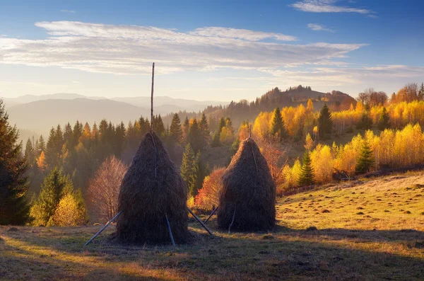 Haystacks in mountain village — Stock Photo, Image