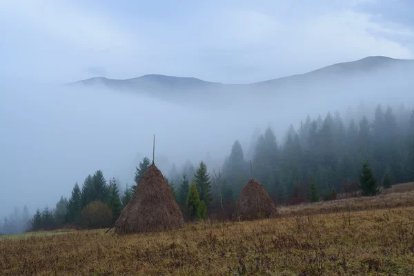 Haystacks em uma aldeia de montanha — Fotografia de Stock