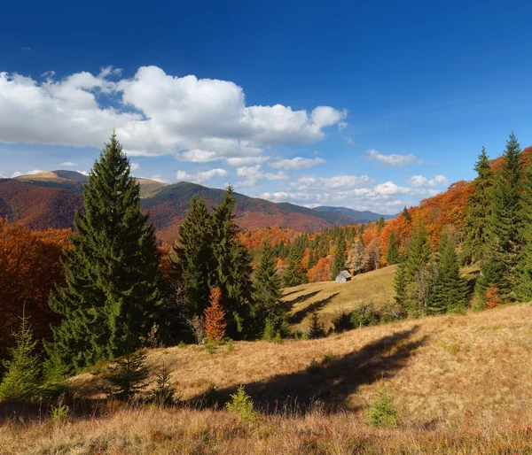 Herbstlandschaft mit Holzhaus im Bergwald — Stockfoto