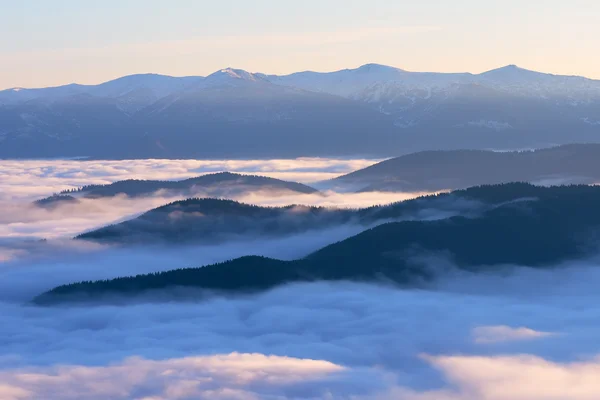 Morgon landskap i bergen med fog — Stockfoto
